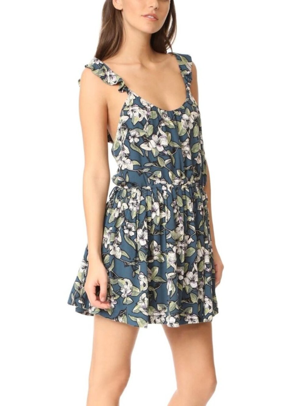 Free People Green Blue Boho Ruffle Mini Dress Size L Festival Cottagecore
